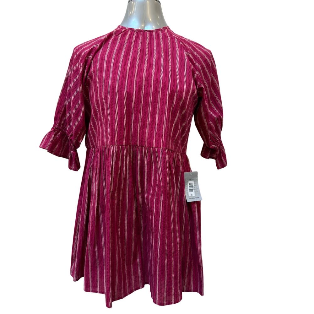 NWT Maisie Pink Striped Cotton Puff Sleeve Fit Flare Dress Women's Size XS